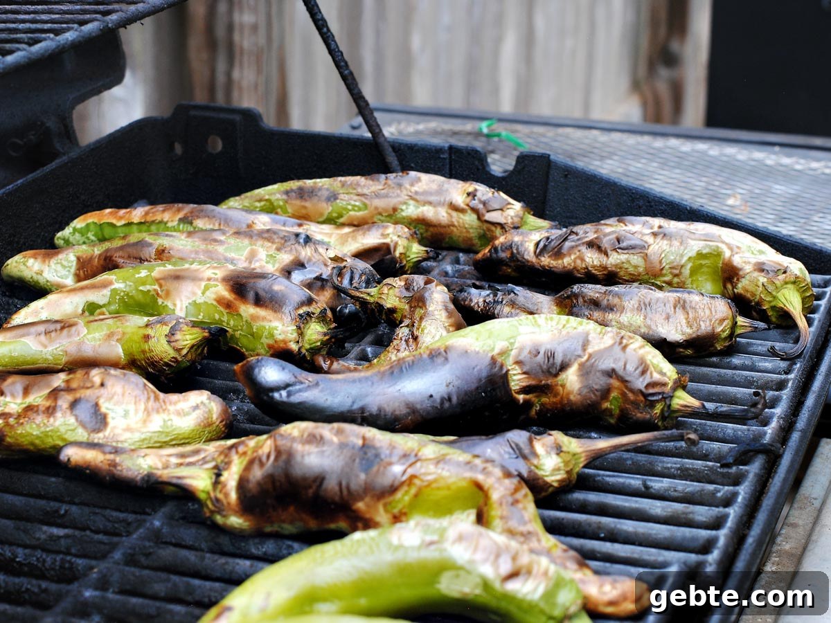 roasted green chiles on grill grates