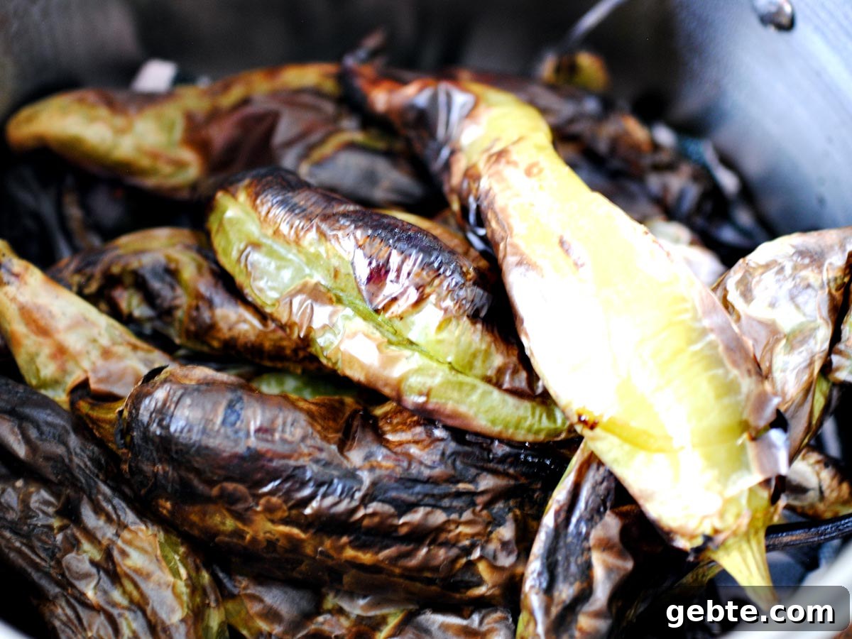 roasted green chiles in a pot
