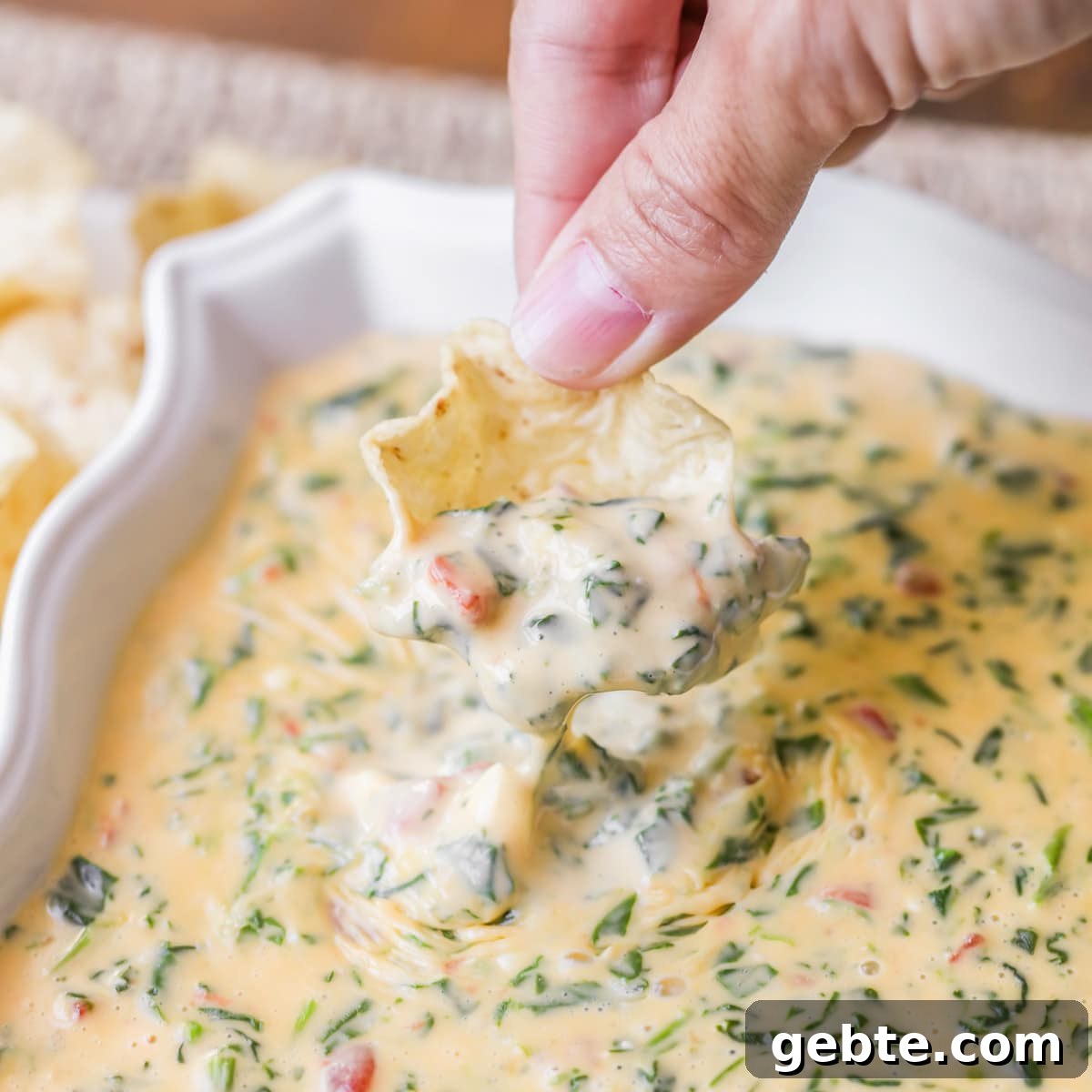 Velveeta spinach dip served with chips