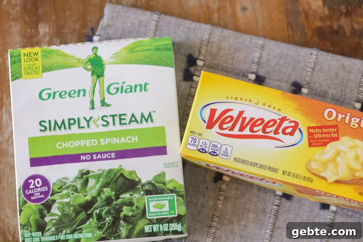 Ingredients for cheesy velveeta spinach dip