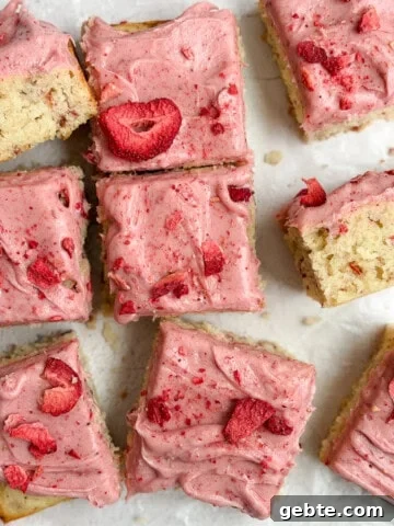 the whole strawberry snack cake cut into squares.