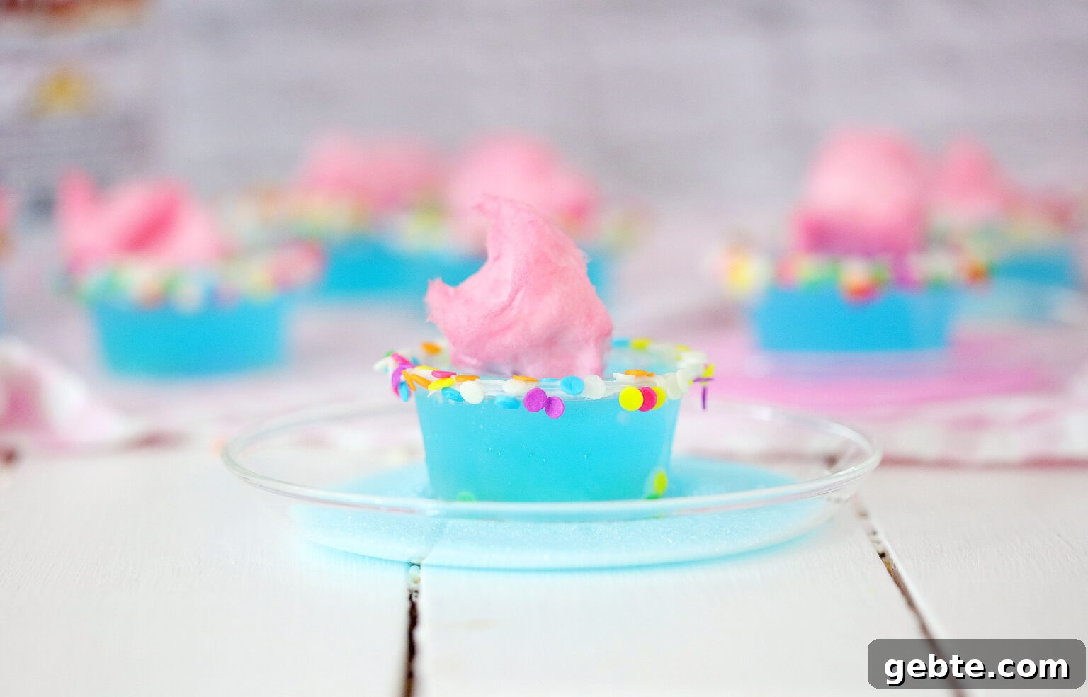 Cotton Candy Jello Shot on little plastic plate 