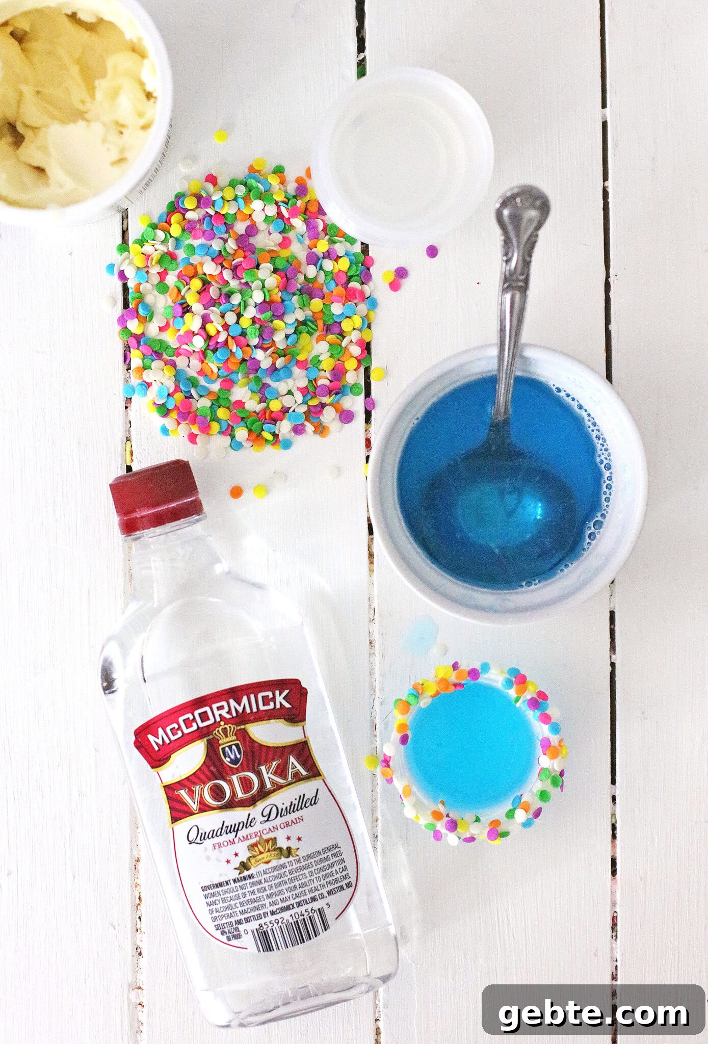 Ingredients needed to make Cotton Candy Jello Shots laid out 