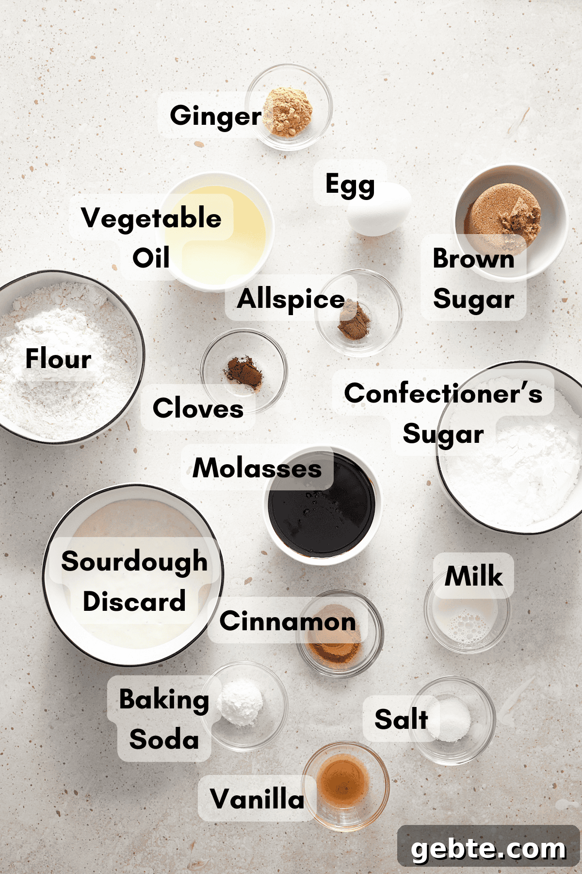Ingredients for a Sourdough Discard Gingerbread Loaf in small bowls. 