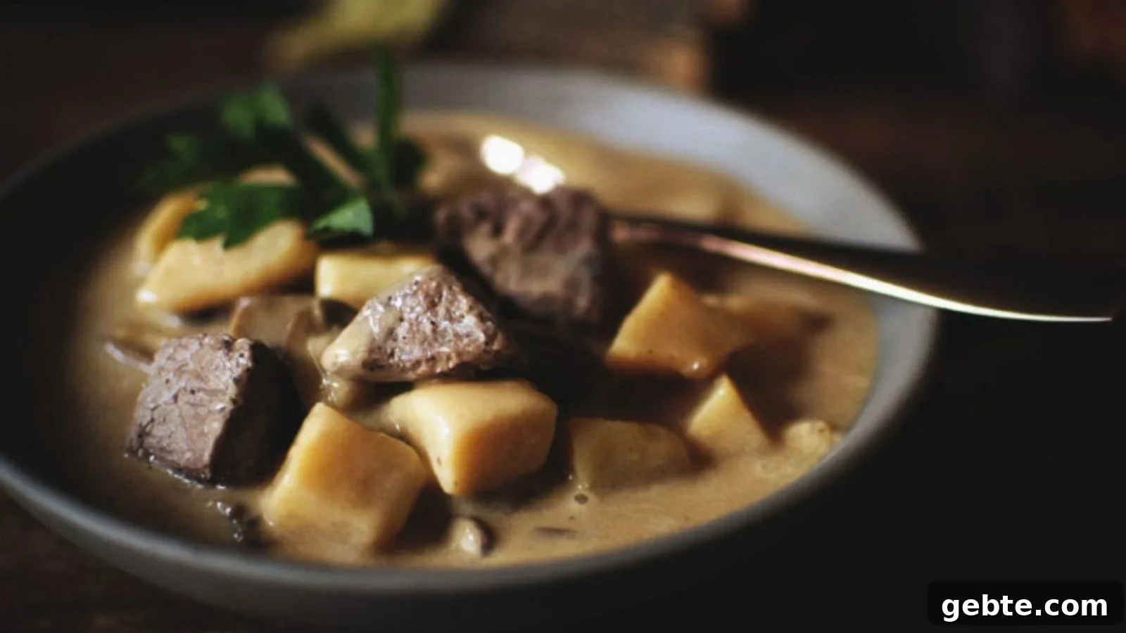 Steak and potato soup hearty with chunks of beef and potatoes.