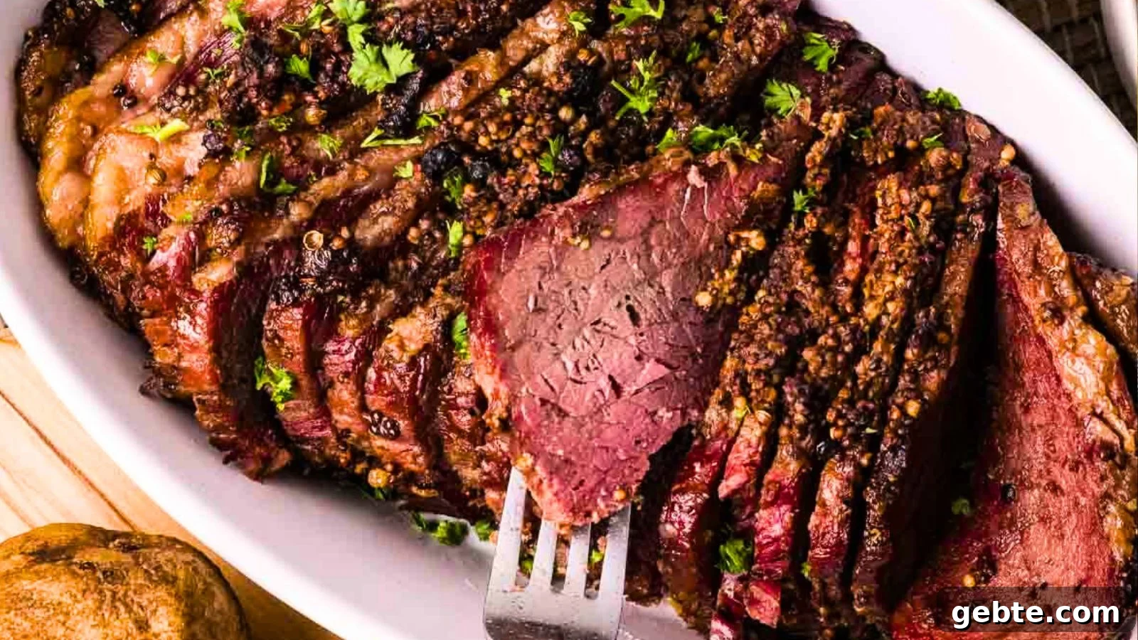 Smoked corned beef sliced showing pink cured interior and dark smoky crust.