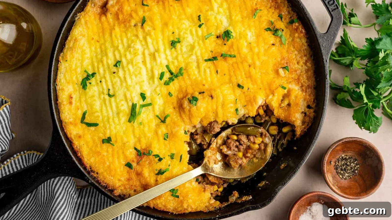 Black skillet filled with Classic Shepherd’s Pie topped with mashed potatoes, with a spoon lifting a portion showing ground meat, corn, and green beans, surrounded by small bowls of salt and pepper, parsley, a bottle of oil, and a striped towel.