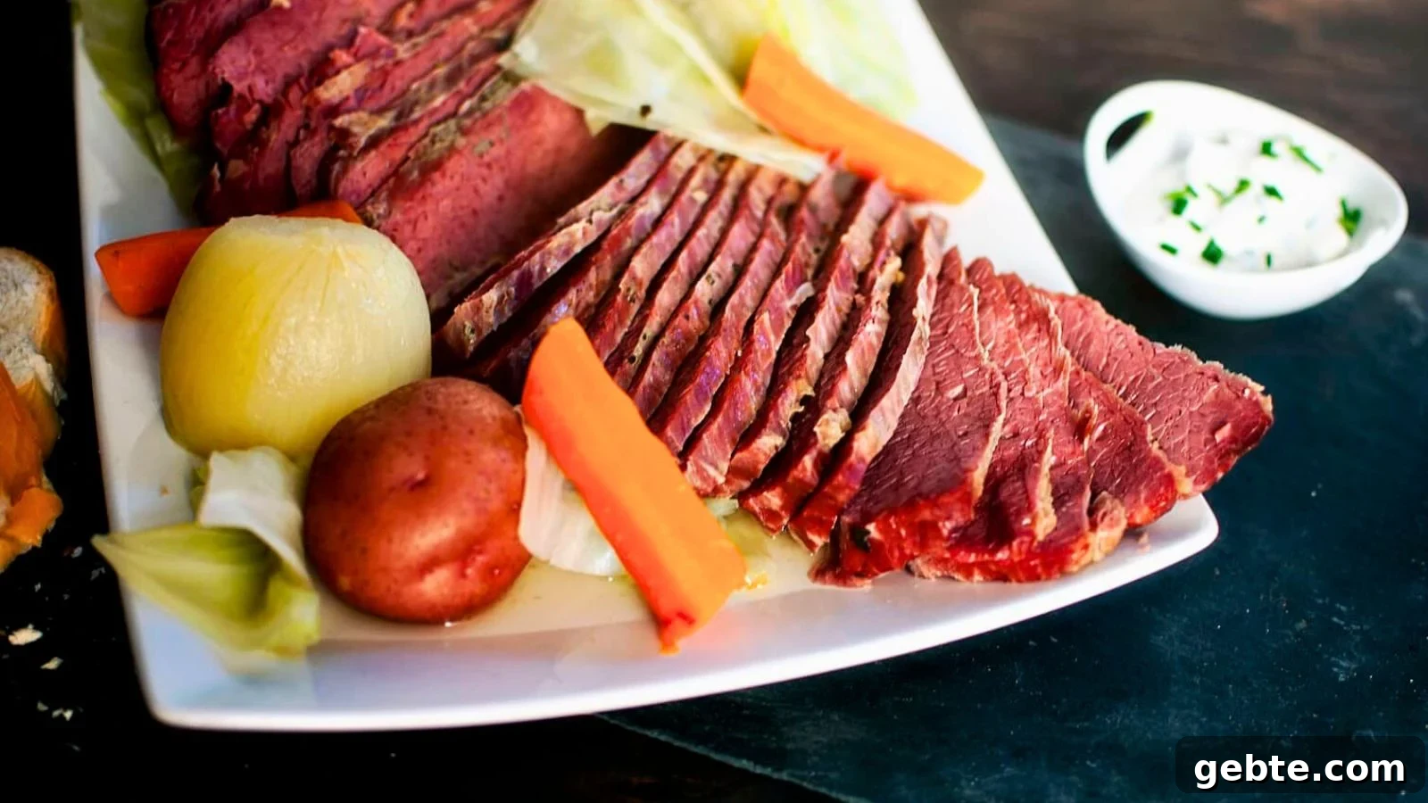 Boiled corned beef with cabbage wedges and carrots served steaming on a large platter.