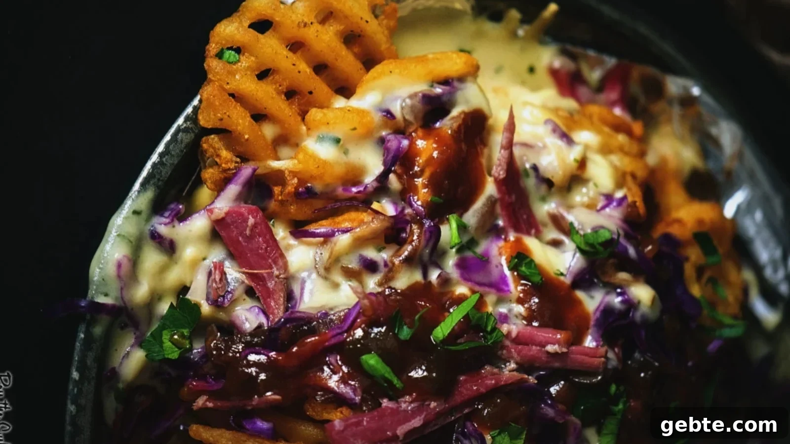 Nachos topped with corned beef, melted herbed whiskey cheese sauce, and crisp tortilla chips.
