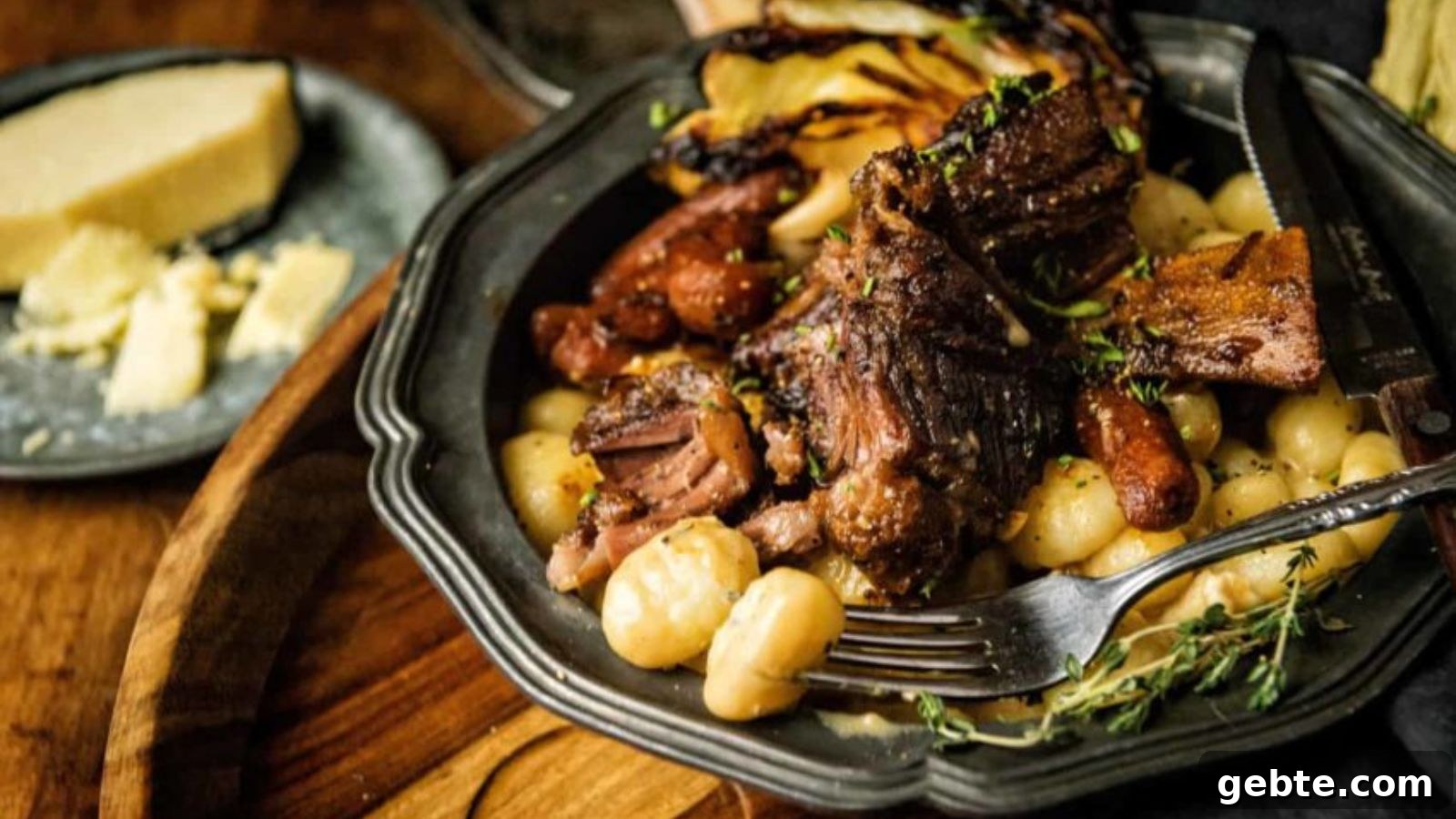 Short ribs braised in stout until meat falls from the bone in dark glossy sauce.