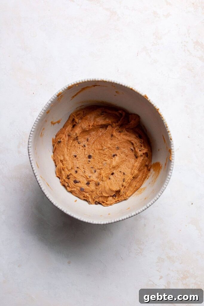 healthy pumpkin muffin batter with chocolate chips in a mixing bowl