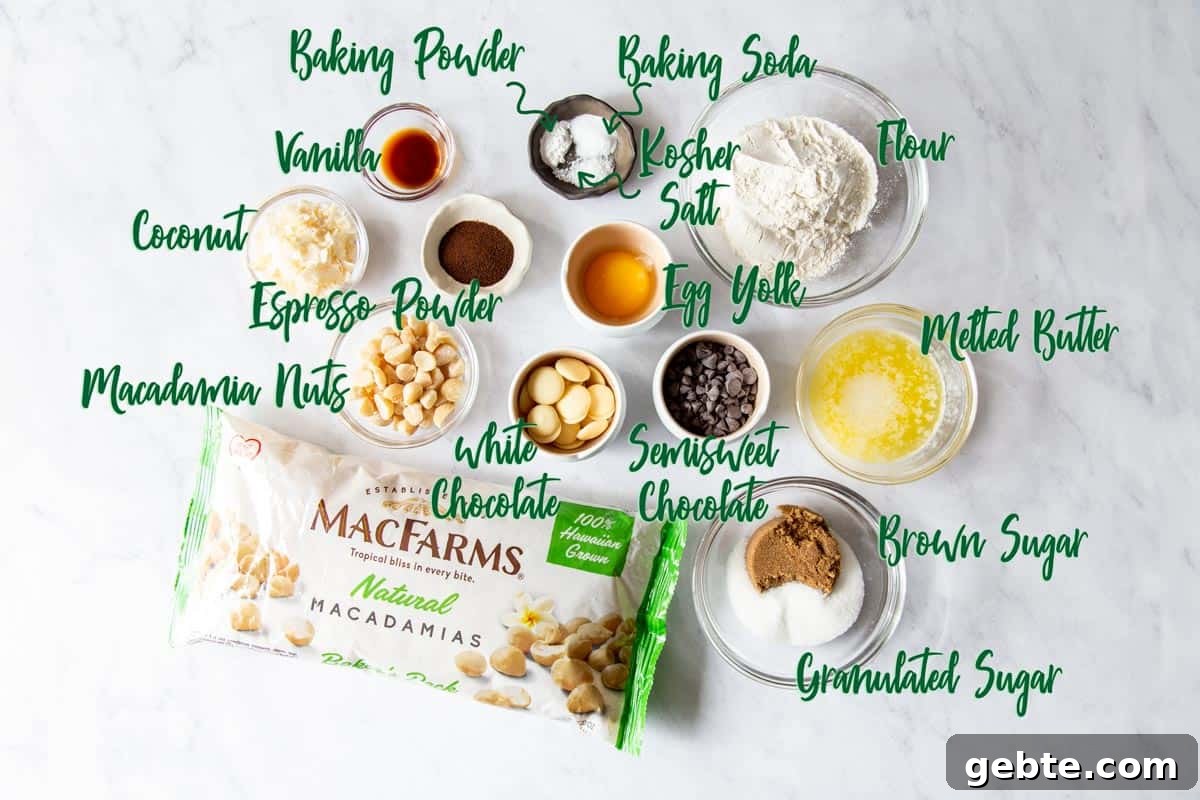 Ingredients for pizookie recipe on a white marble board