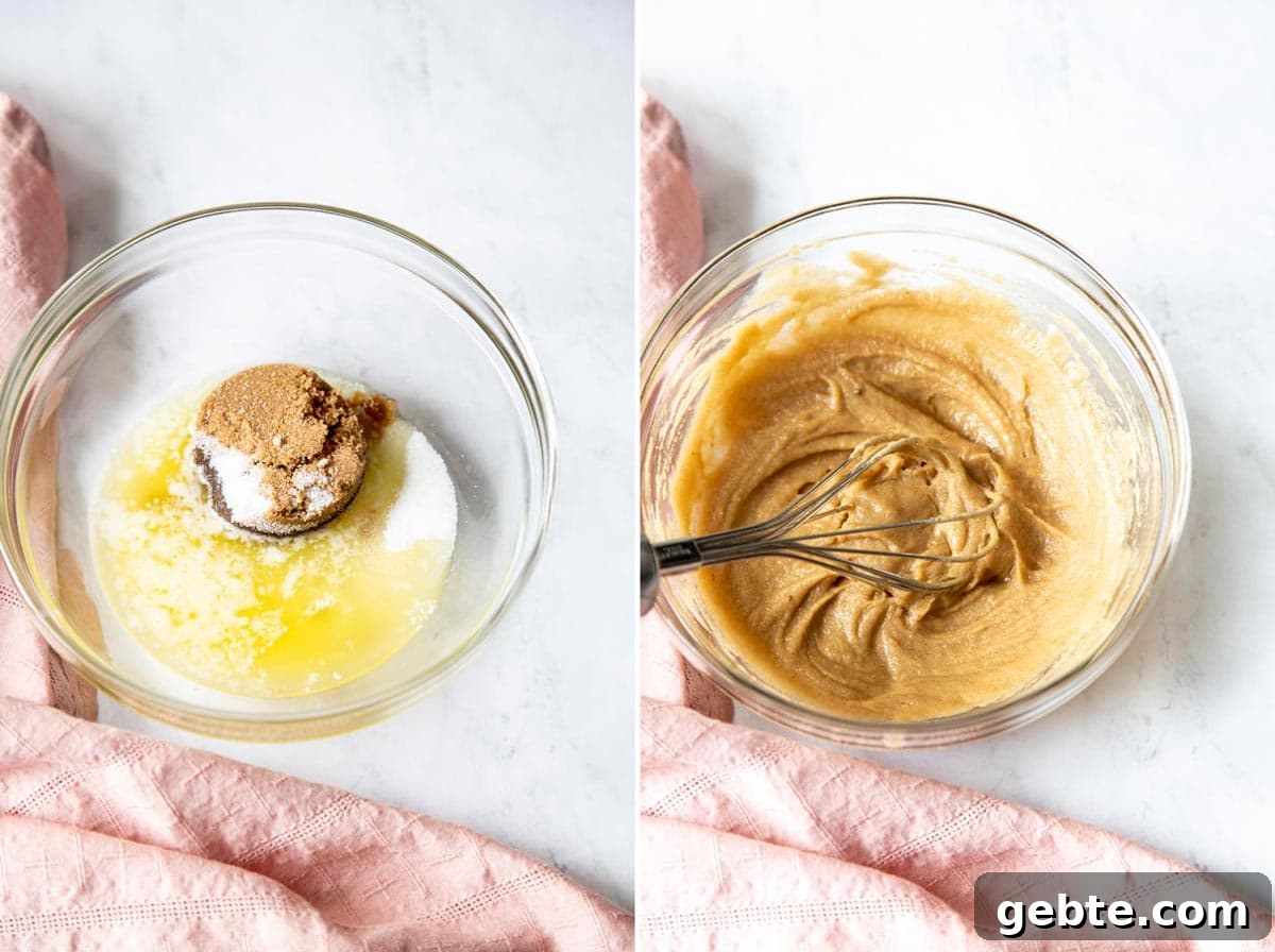 Collage of 2 photos showing sugar and melted butter mixed together.