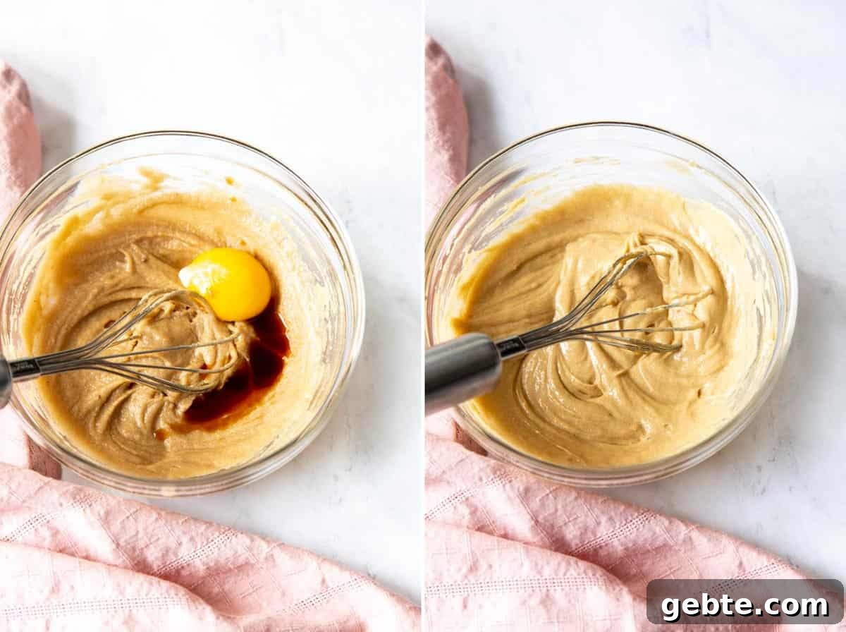 Collage of 2 photos showing egg yolk and vanilla is added and beat until creamy.
