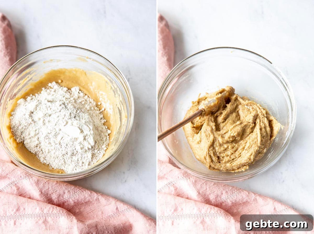 Collage of 2 photos showing flour mixture is added and cookie dough is formed.