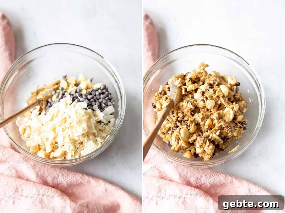 Collage of 2 photos showing chocolate chips, coconut and macadamia nuts are added to the cookie dough.