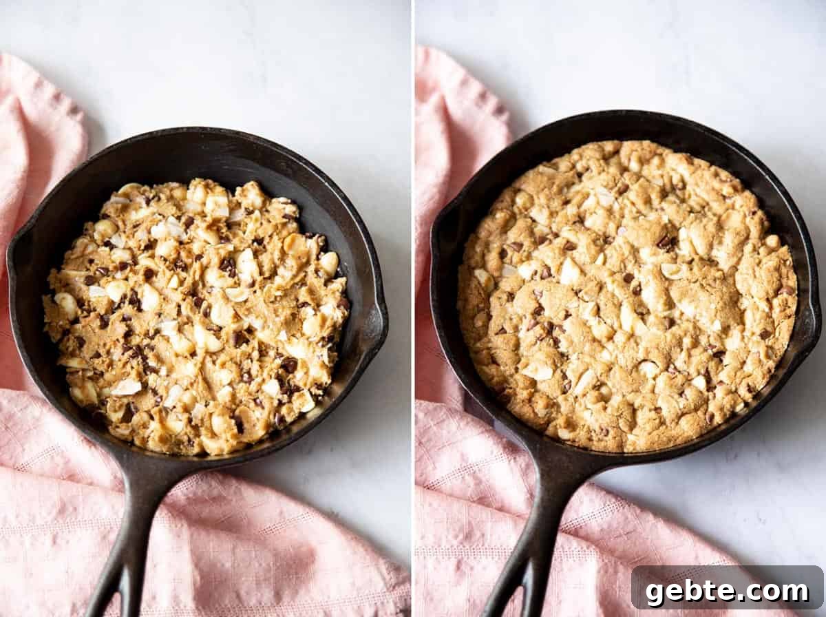 Collage of 2 photos showing cookie dough is pressed into a skillet and baked.