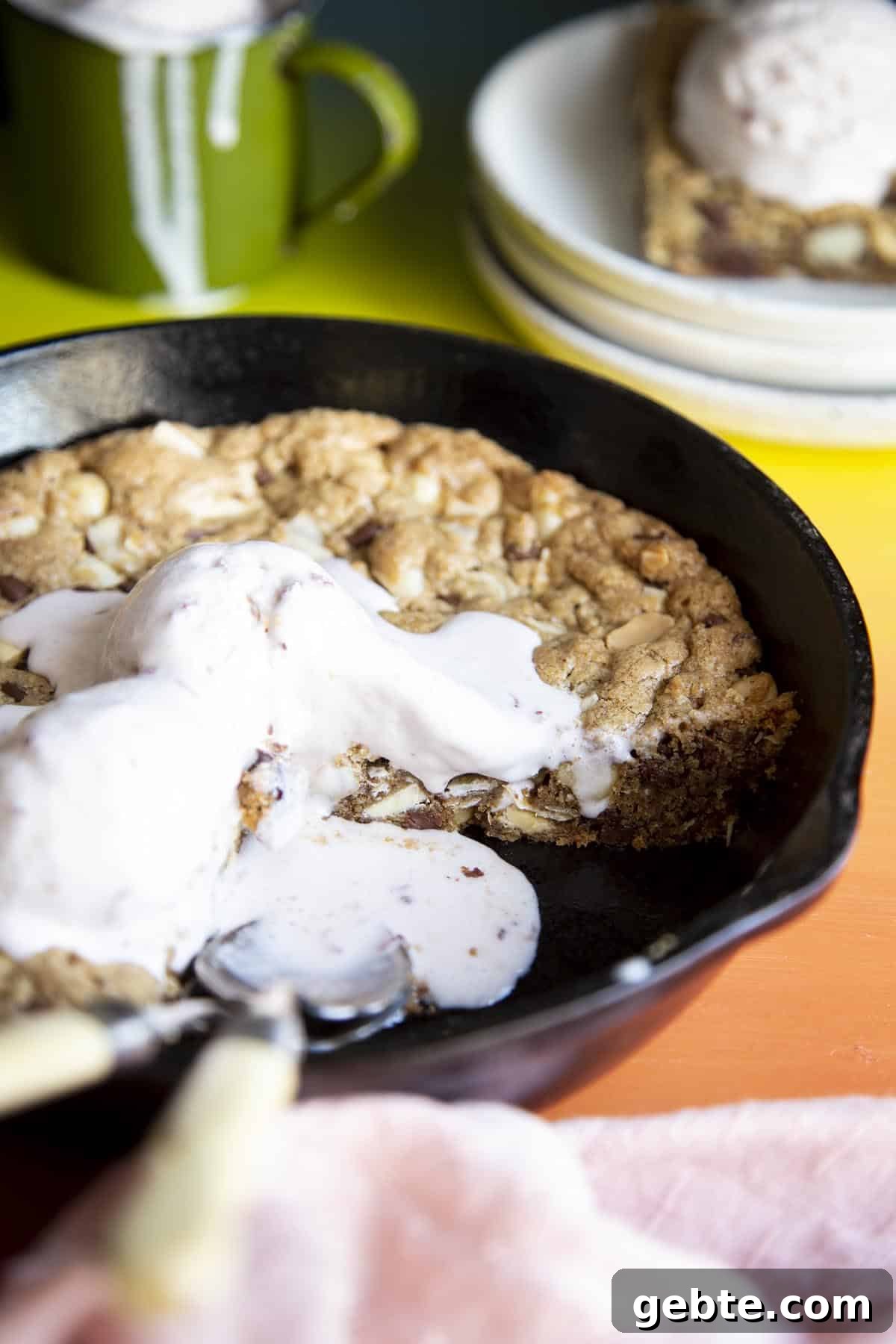Close up shot of a pizookie in a skillet