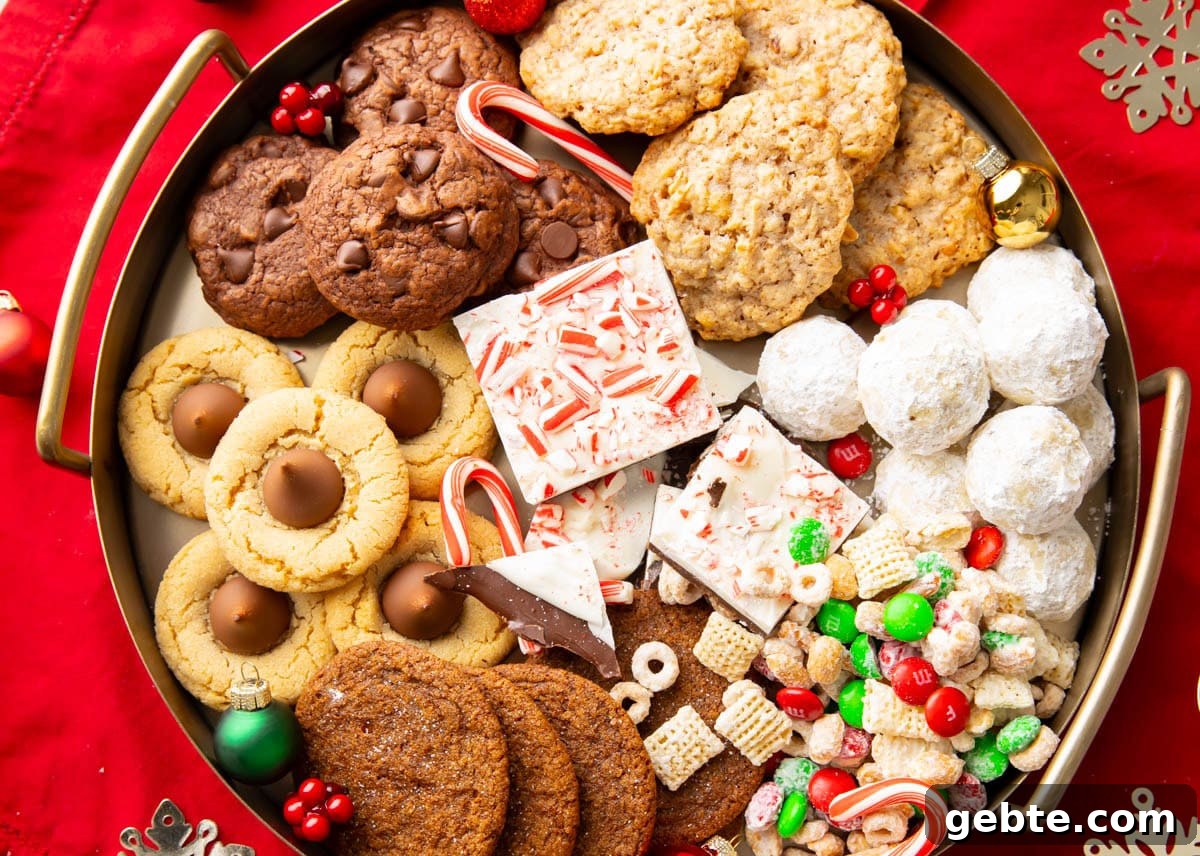 A dessert spread filled with easy Christmas treats like reindeer chow and brownie cookies.