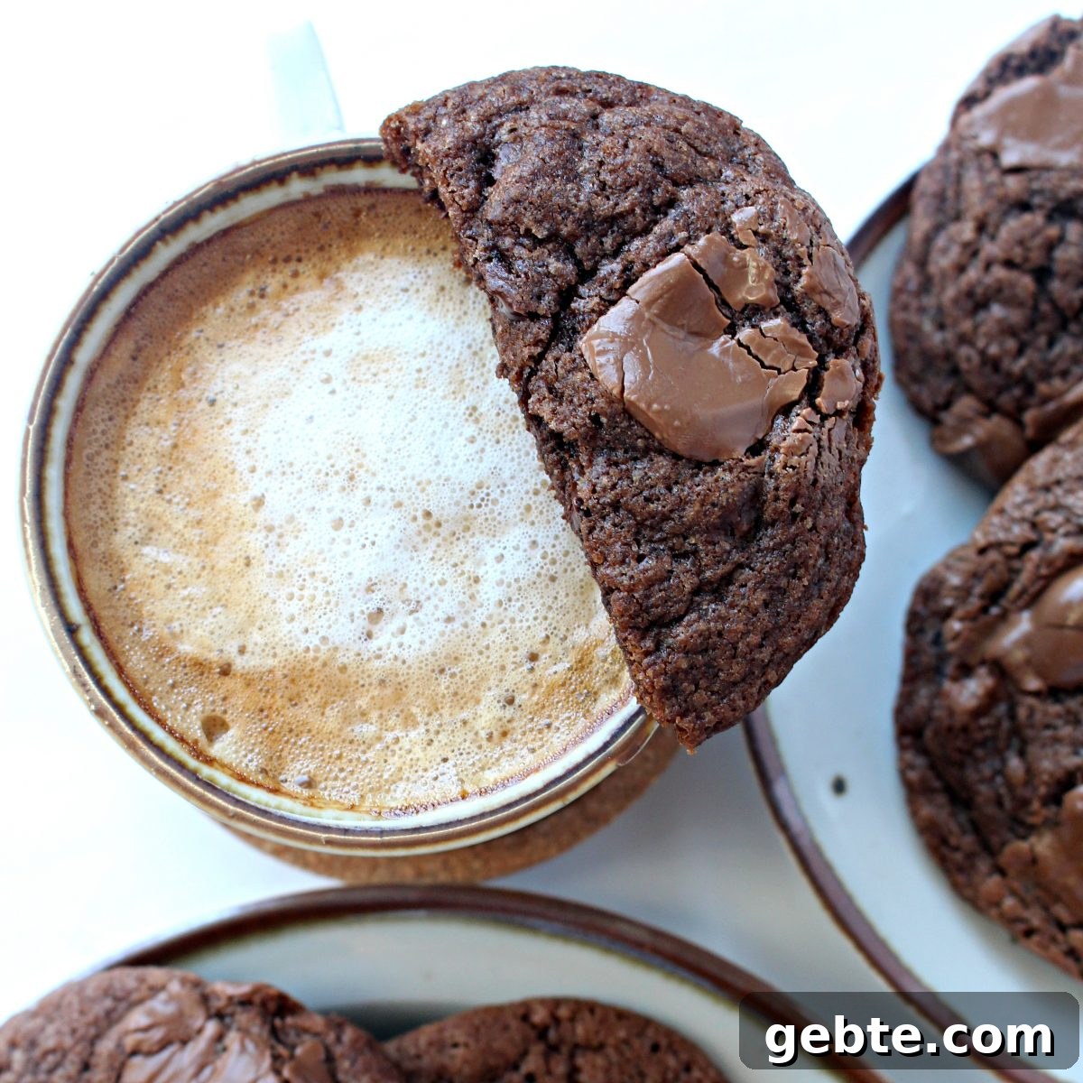 Half dark chocolate cookie balanced on rim of coffee cup.