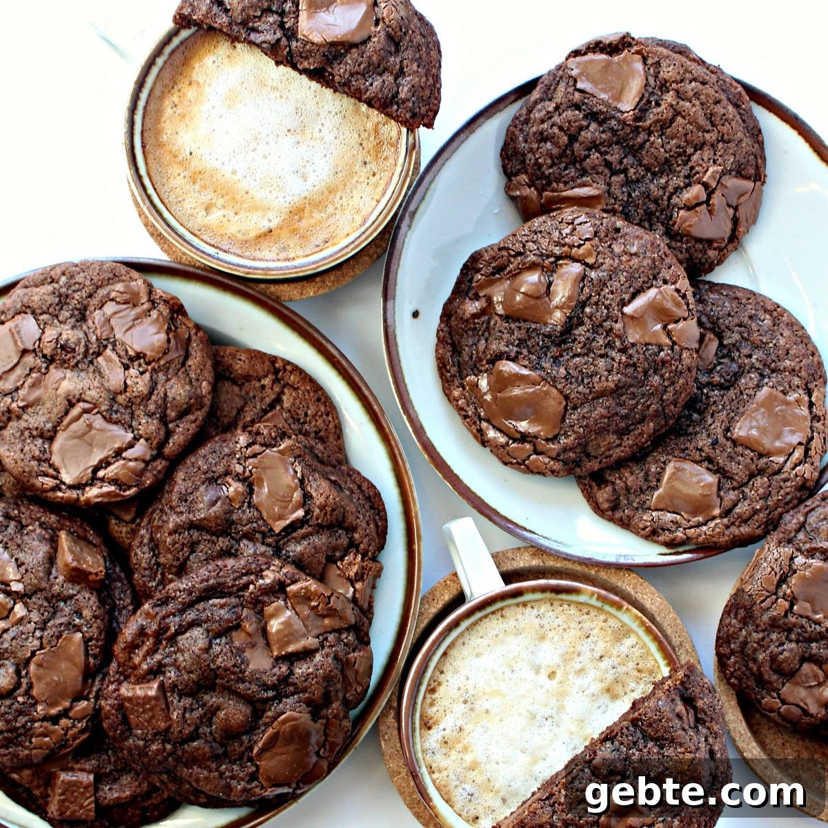 Chocolate Chip Mocha Cookies on plates with coffee cups.