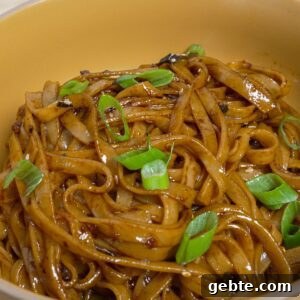 Noodles in a bowl with Garlic chili oil and sliced scallion.