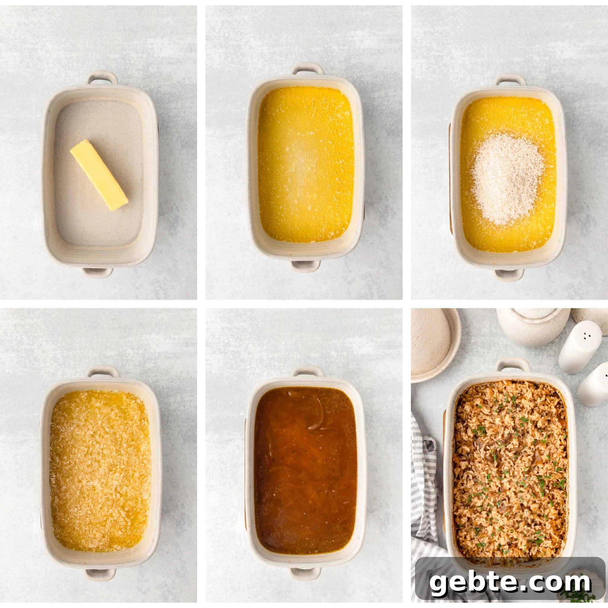 Six-step photo collage showing the process of making a casserole: melting butter in a dish, adding seasonings and broth, mixing in dry ingredients, and finishing with a golden baked breadcrumb topping.