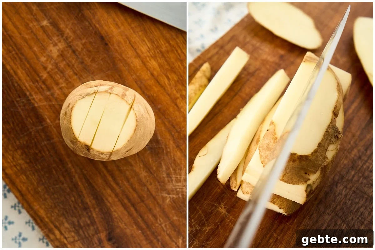 Crispy Deep-Fried French Fries: Step-by-Step Recipe Guide 4 knife slicing potato into strips by hand.