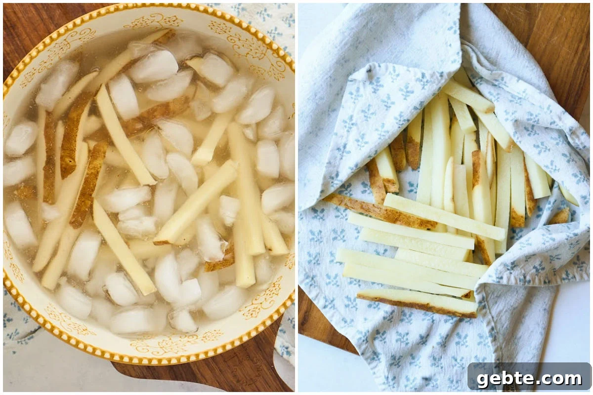 Crispy Deep-Fried French Fries: Step-by-Step Recipe Guide 5 ice bath with cut potatoes inside.