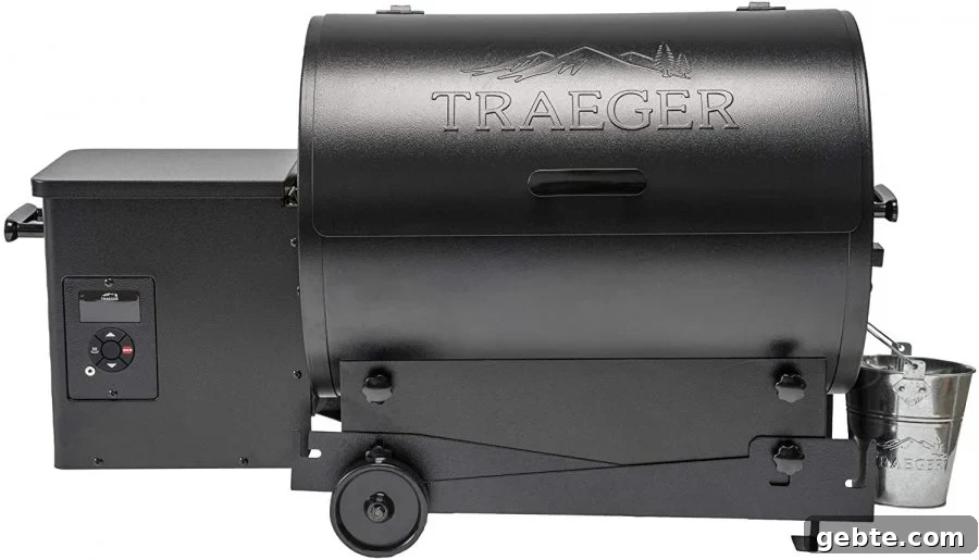 Portable traeger pellet grill in black with side grease can