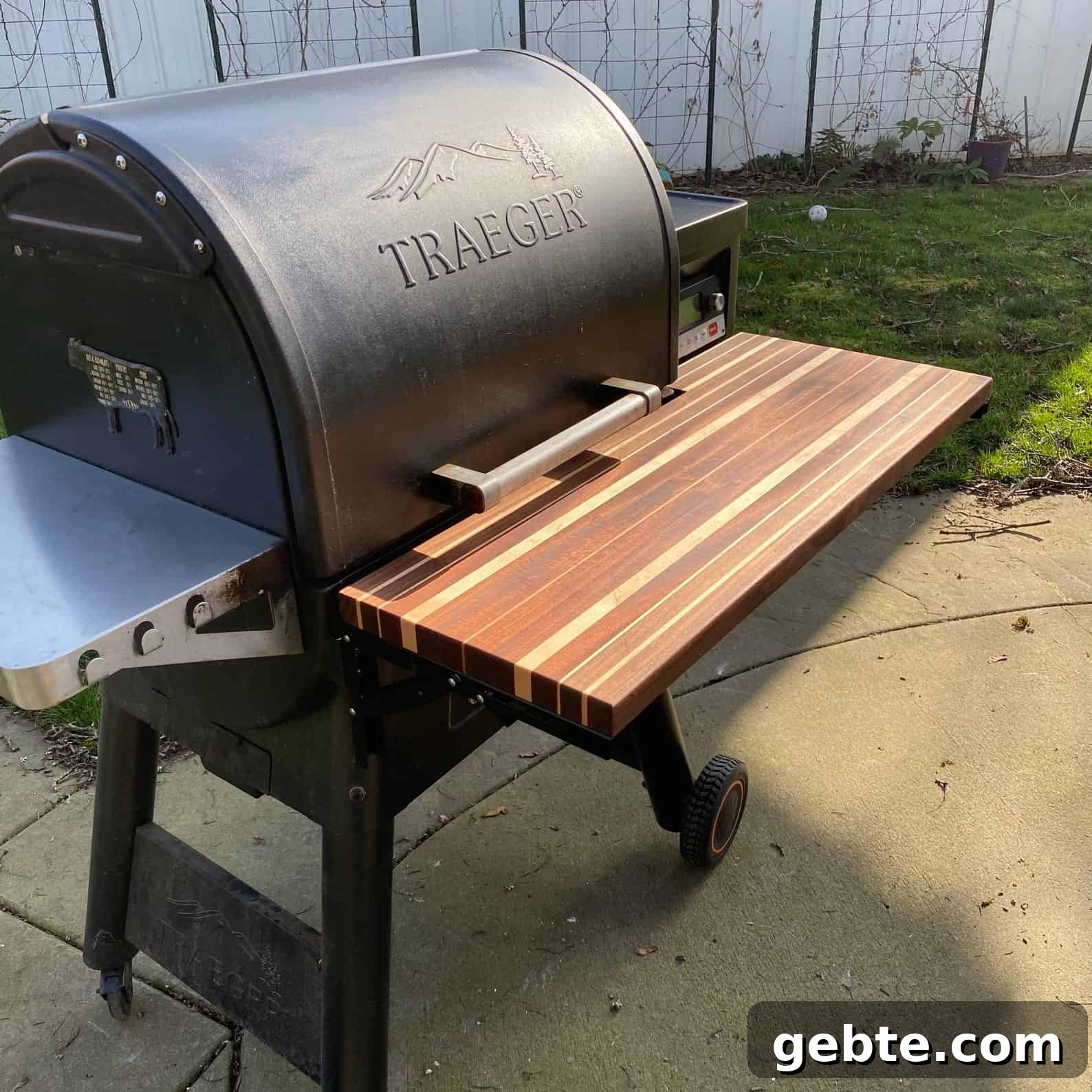 Traeger grill with custom front shelf made of wood