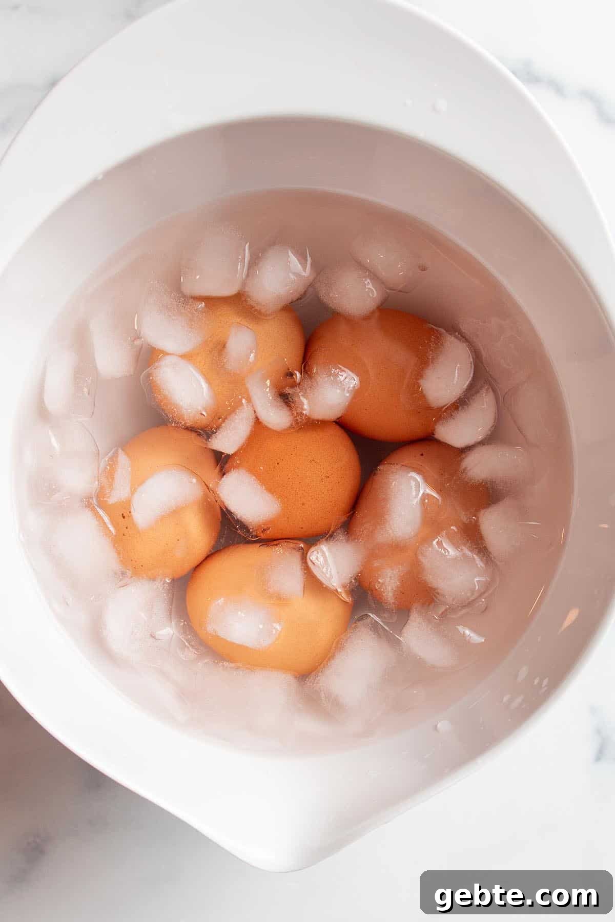 Brown eggs in a bowl of water and ice.