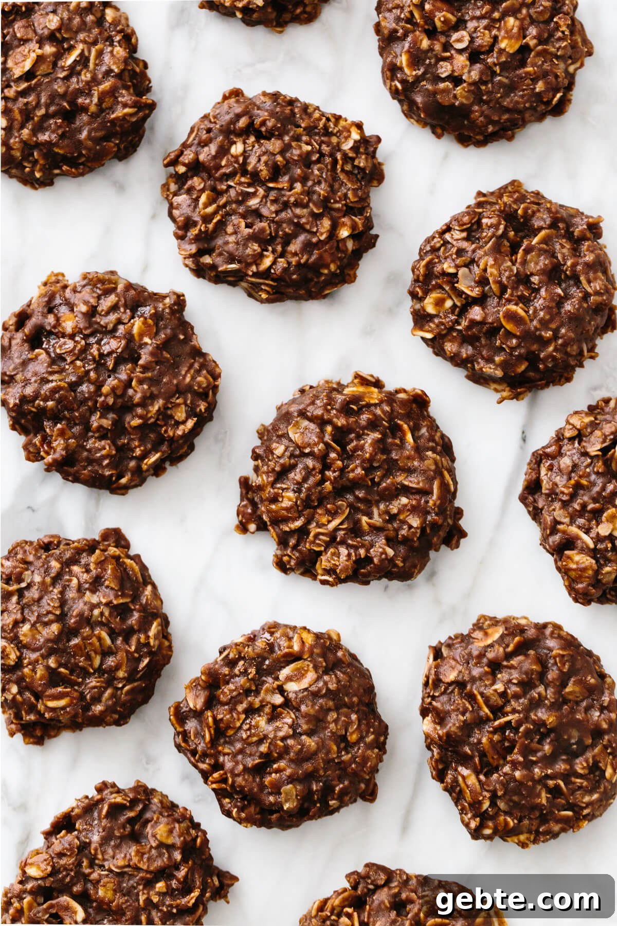 No bake cookies on a marble counter top.