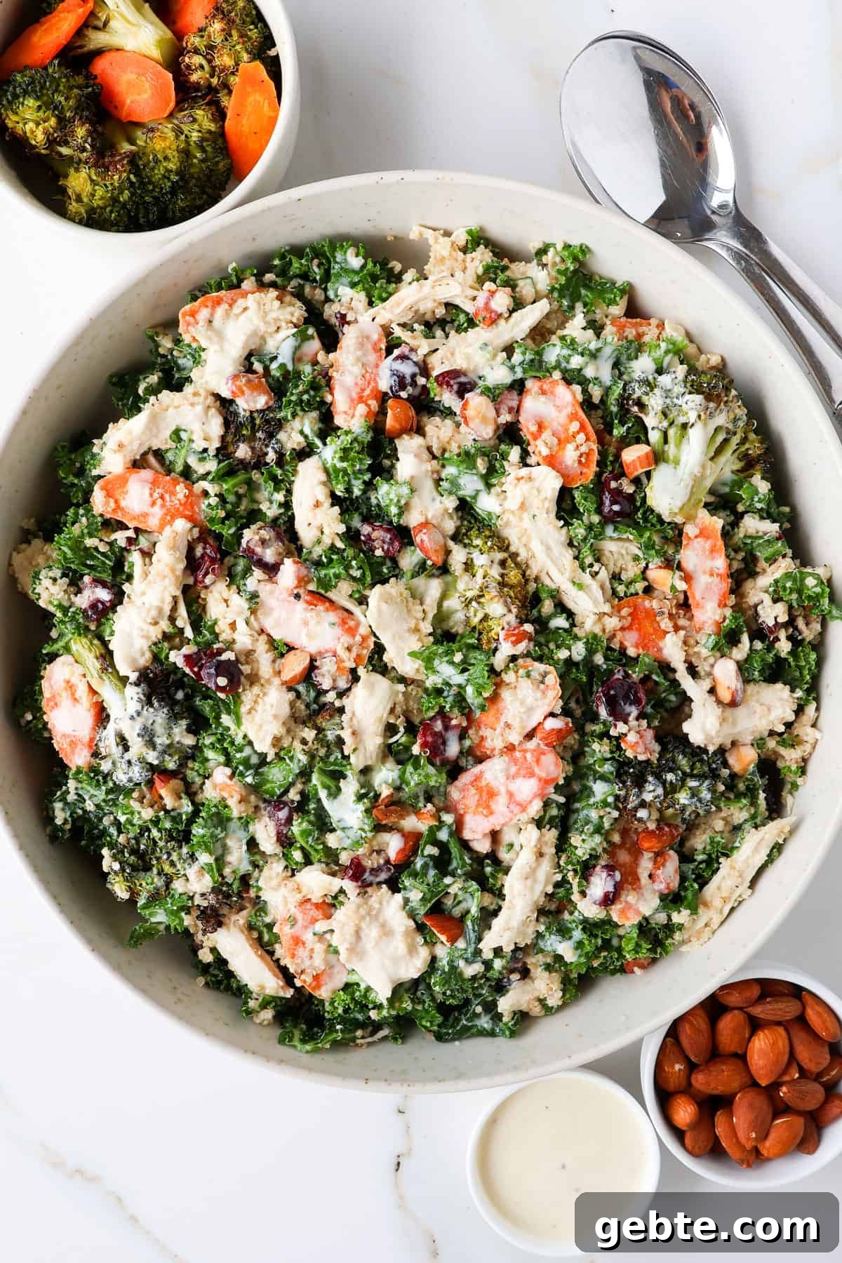Chicken, Broccoli and Kale Salad with Lemon-Garlic Dressing 2 Kale and broccoli salad with chicken in a bowl.