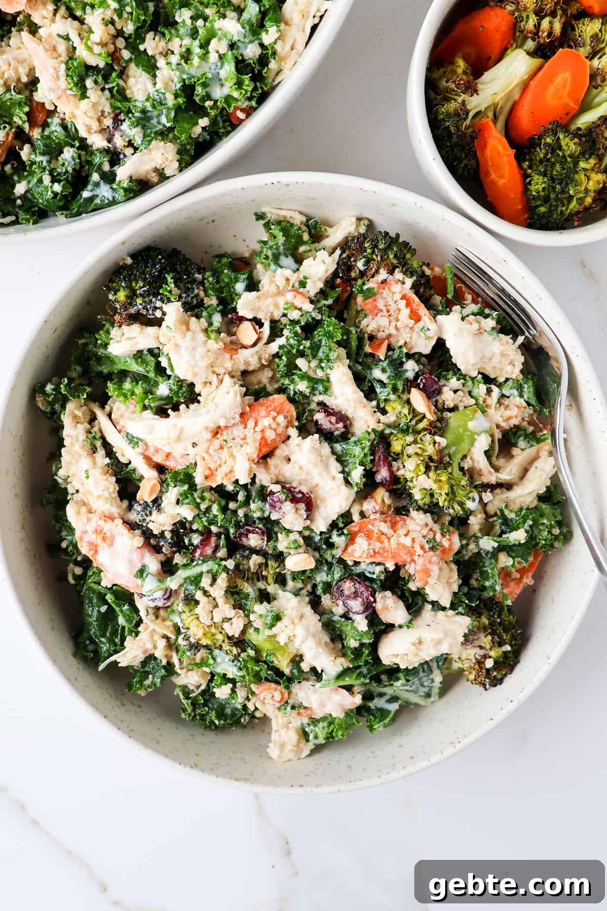 Chicken, Broccoli and Kale Salad with Lemon-Garlic Dressing 3 Chicken, broccoli and kale salad served in a bowl with a fork.