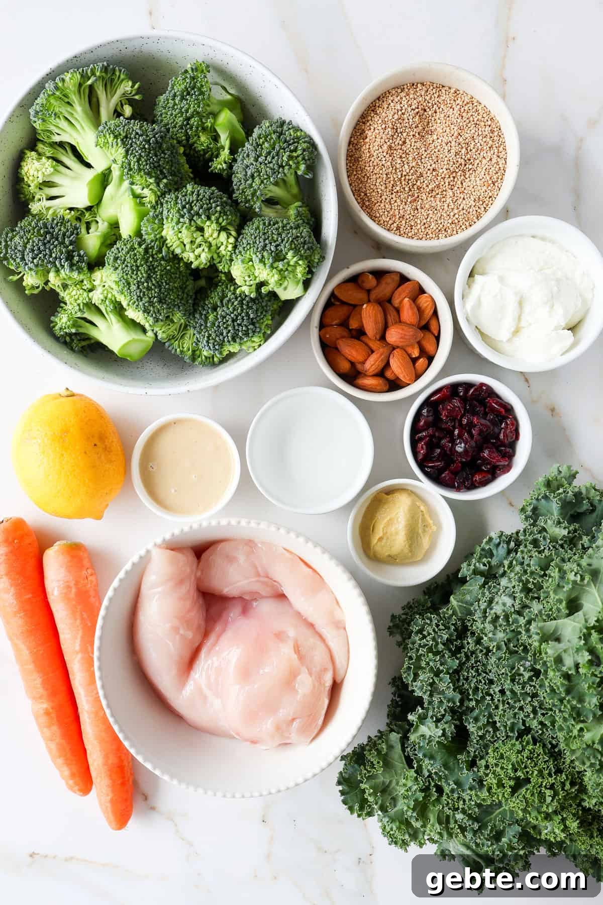 Chicken, Broccoli and Kale Salad with Lemon-Garlic Dressing 4 Ingredients shown to make the recipe.