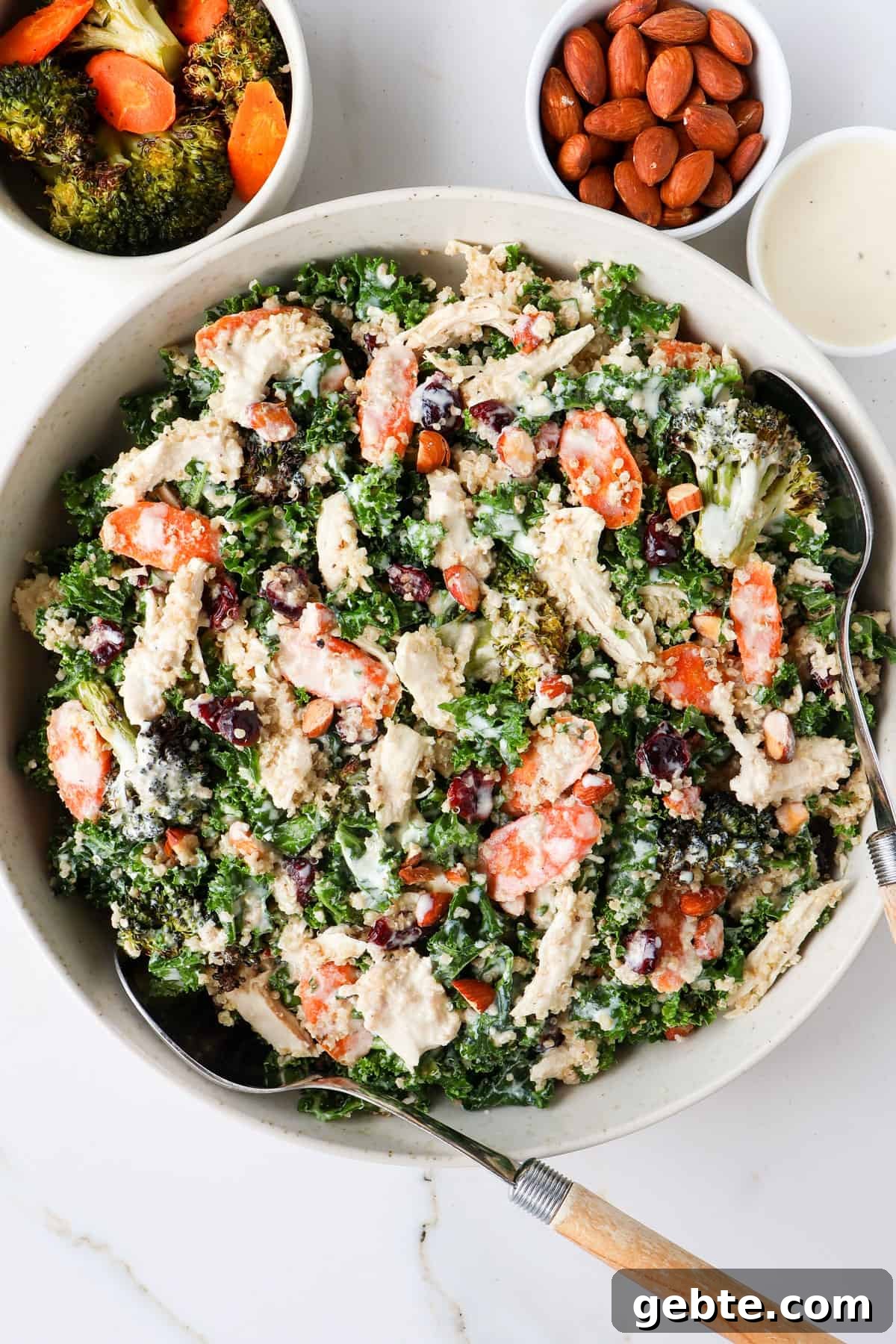 Chicken, Broccoli and Kale Salad with Lemon-Garlic Dressing 9 Chicken, broccoli and kale salad served in a bowl with spoons scooped in.