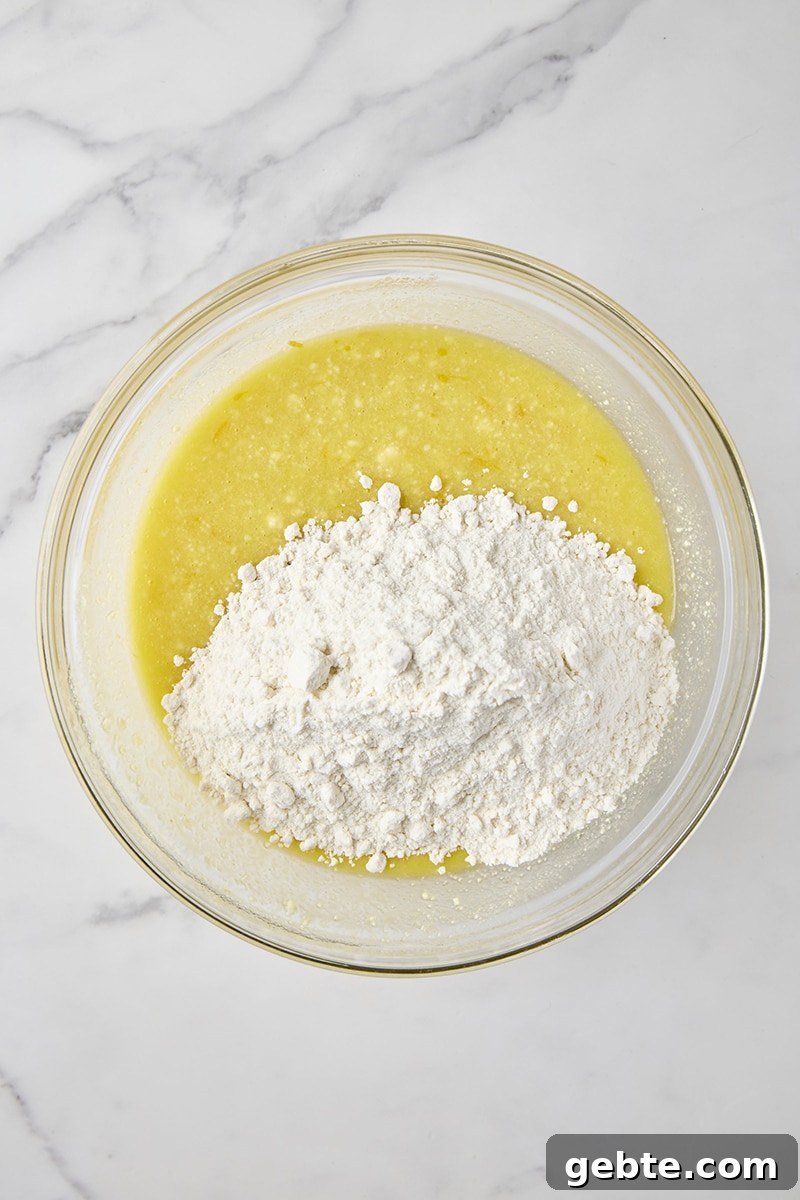 Flour mixture added to wet ingredients