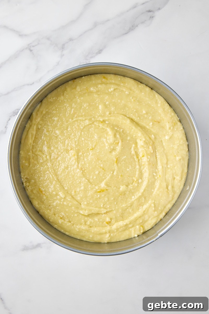 Lemon olive oil cake batter in pan