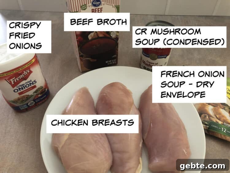 ingredients: crispy fried onions, beef broth, cream of mushroom soup, french onion soup mix, chicken breasts