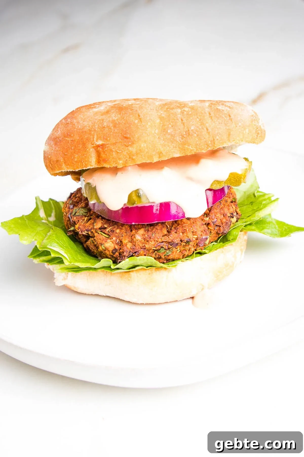 Veggie burger with lettuce, tomato and secret sauce, in a bun,