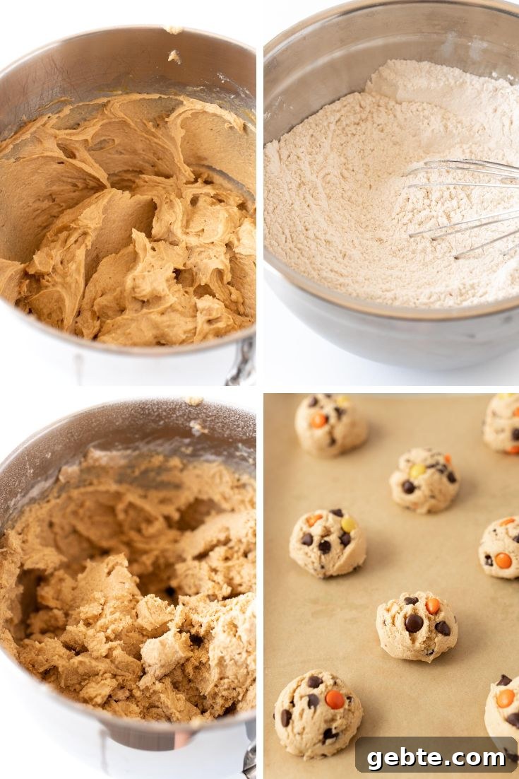 step by step photo collage showing how to make reese's pieces peanut butter cookies.
