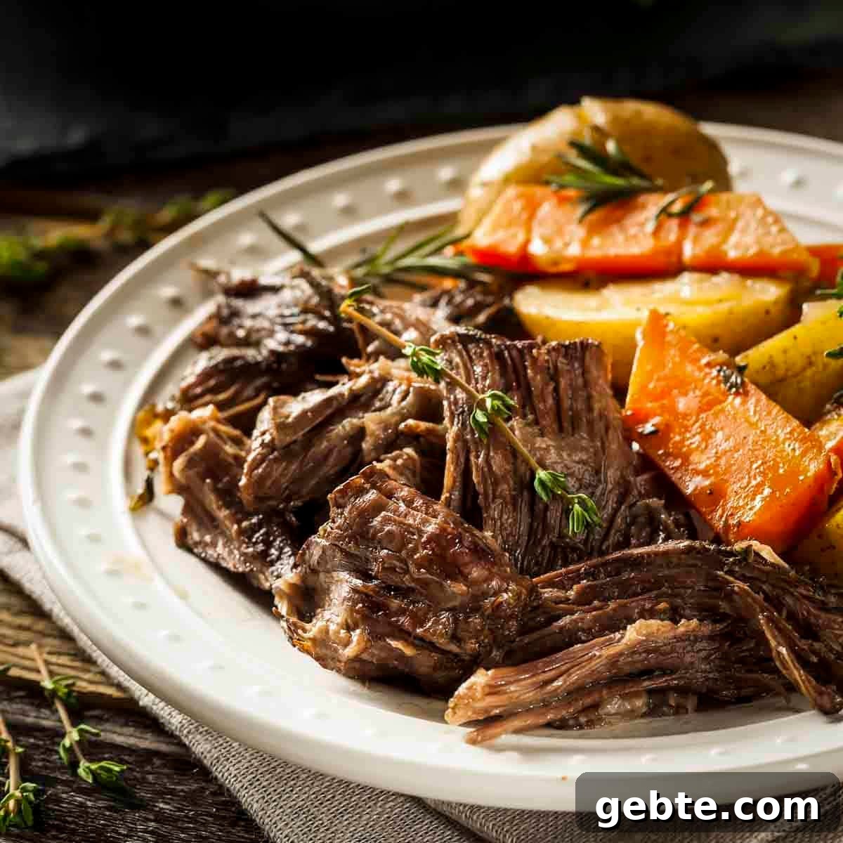 Side shot of braised pot roast with carrots and potatoes on a white plate garnished with fresh rosemary.