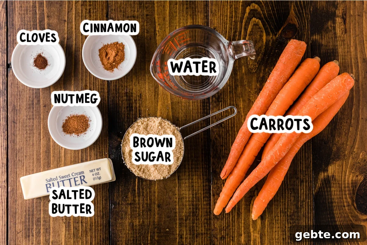 Ingredients for making brown sugar carrots on a table.