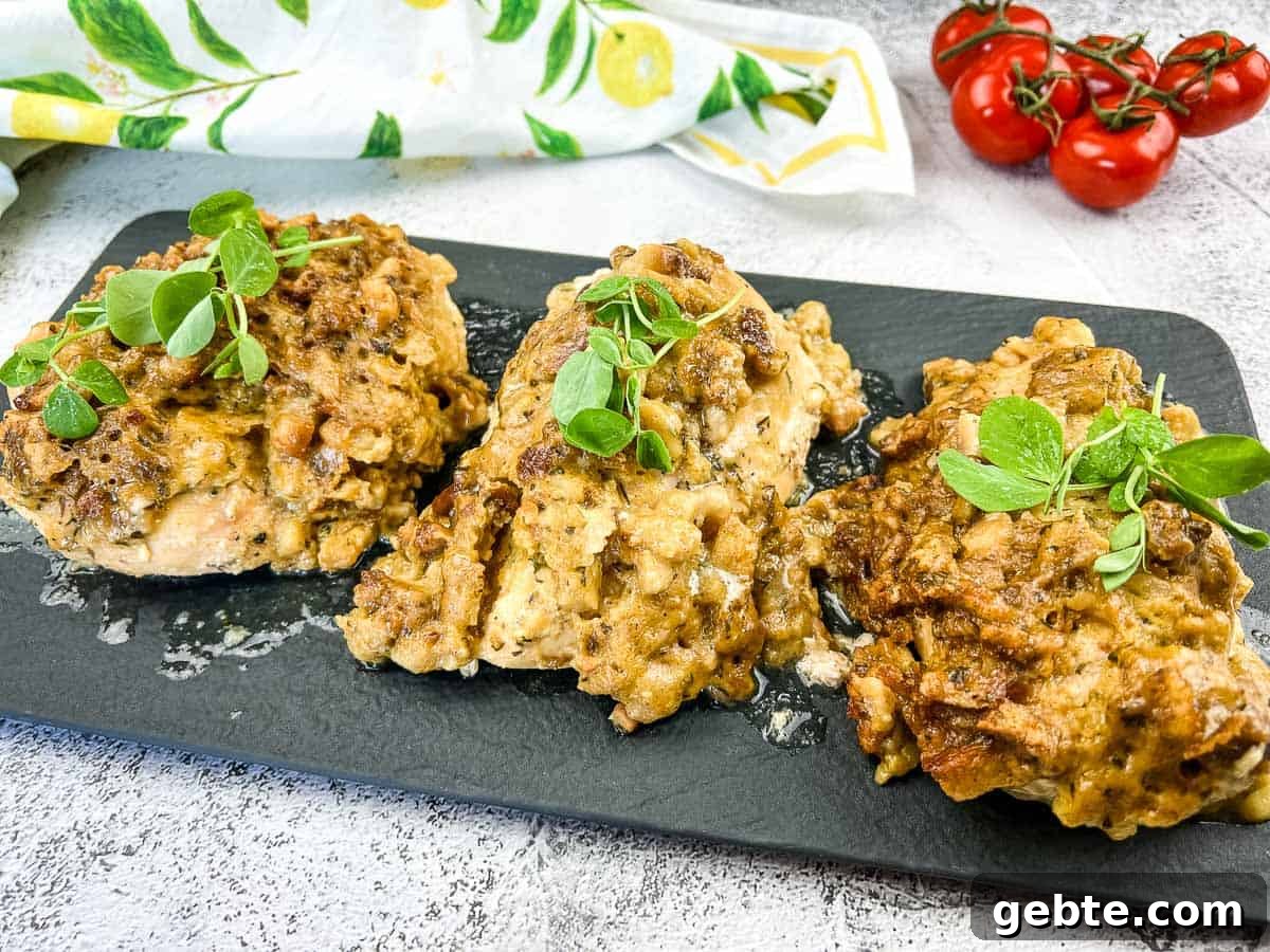31 Slow Cooker Recipes to Walk In and Find Dinner Waiting 14 4 ingredient slow cooker chicken on a black platter.