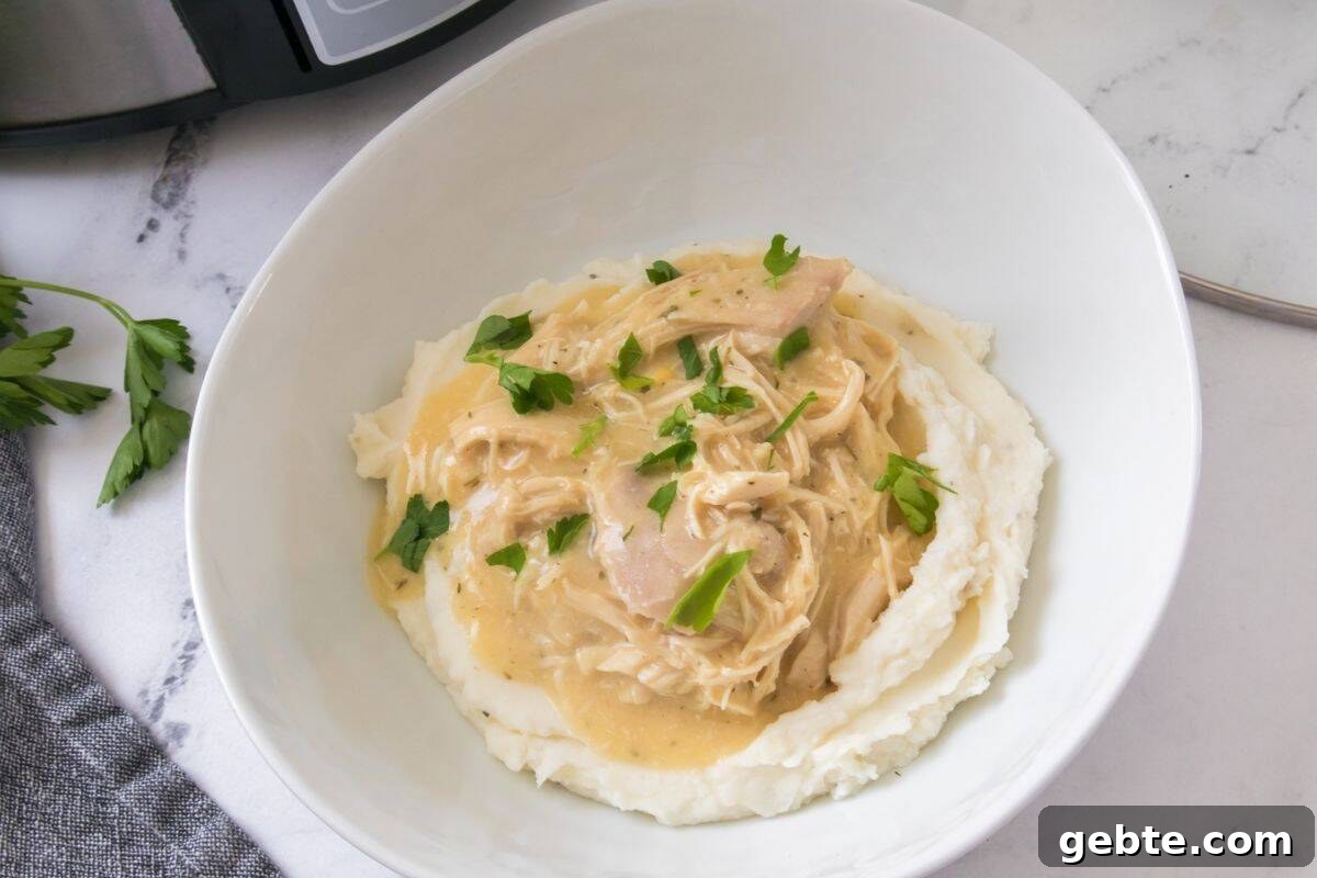 31 Slow Cooker Recipes to Walk In and Find Dinner Waiting 16 A bowl of mashed potatoes topped with shredded chicken in creamy gravy, garnished with chopped parsley.