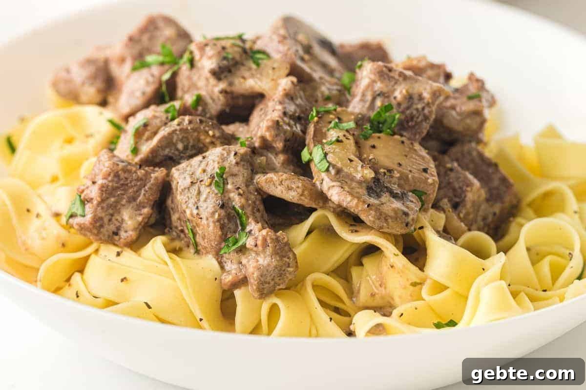 31 Slow Cooker Recipes to Walk In and Find Dinner Waiting 3 A plate of Slow Cooker Beef Stroganoff garnished with chopped parsley.