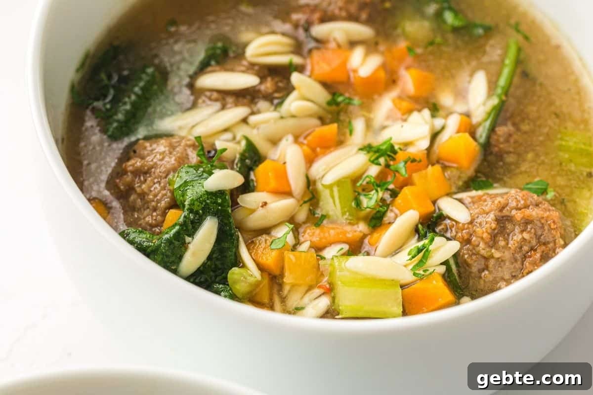 31 Slow Cooker Recipes to Walk In and Find Dinner Waiting 22 A close-up of a spoon holding a meatball in a bowl of Slow Cooker Italian Wedding Soup.