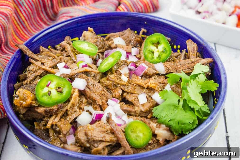 31 Slow Cooker Recipes to Walk In and Find Dinner Waiting 28 Beef Barbacoa in a blue bowl.