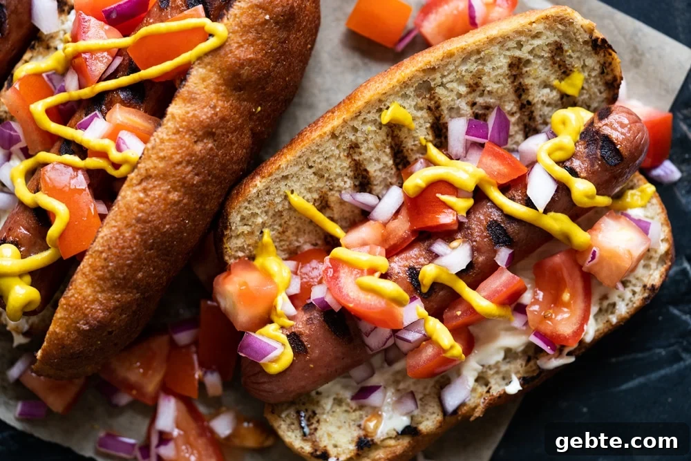 Keto Hot Dogs with Fluffy Yeast Buns: Low-Carb Recipe 7 Closeup of a keto hot dog with a fluffy yeast buns, pico de gallo salsa and a drizzle of mustard